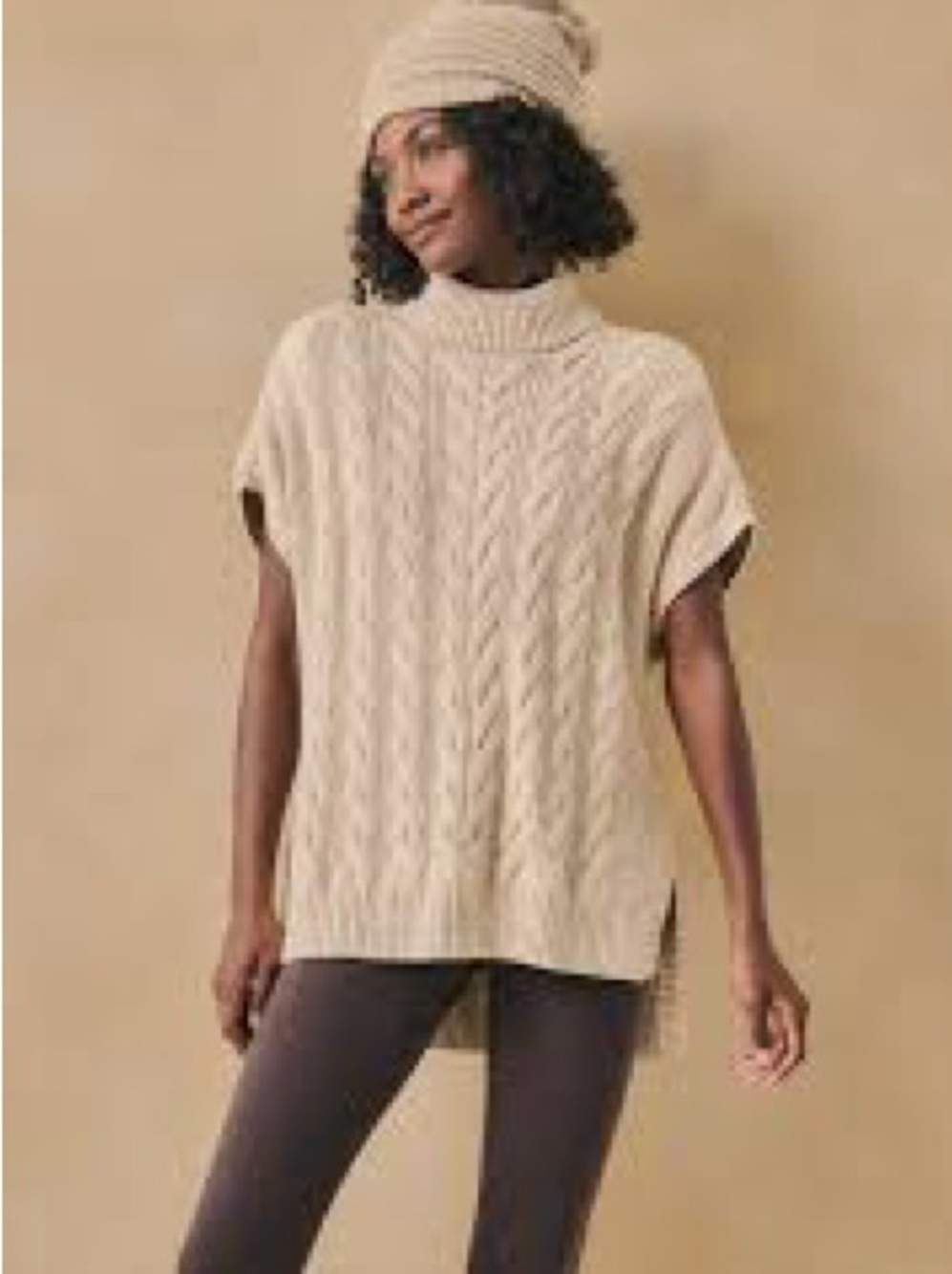 Pact 100% Organic Cotton Cream Cable Knit Turtleneck Poncho Pullover Sweater M/L
